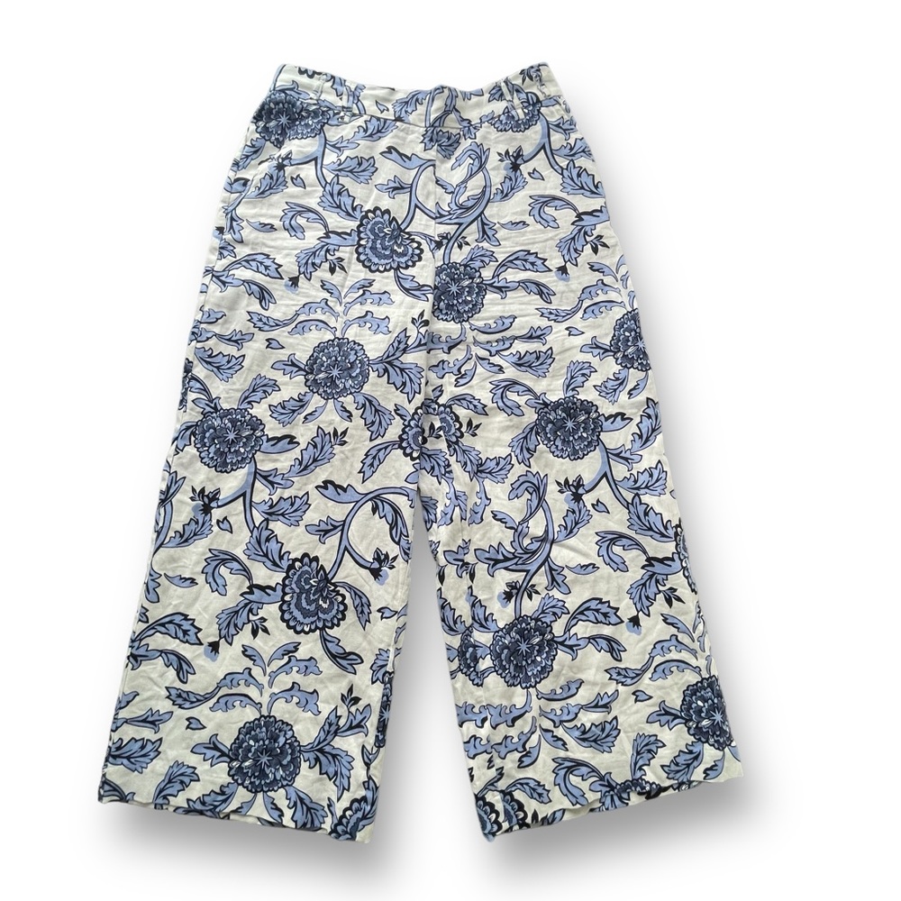 Joie Blue/White Floral Linen Blend Wide Leg Crop Pants Women's Size 8 Coastal